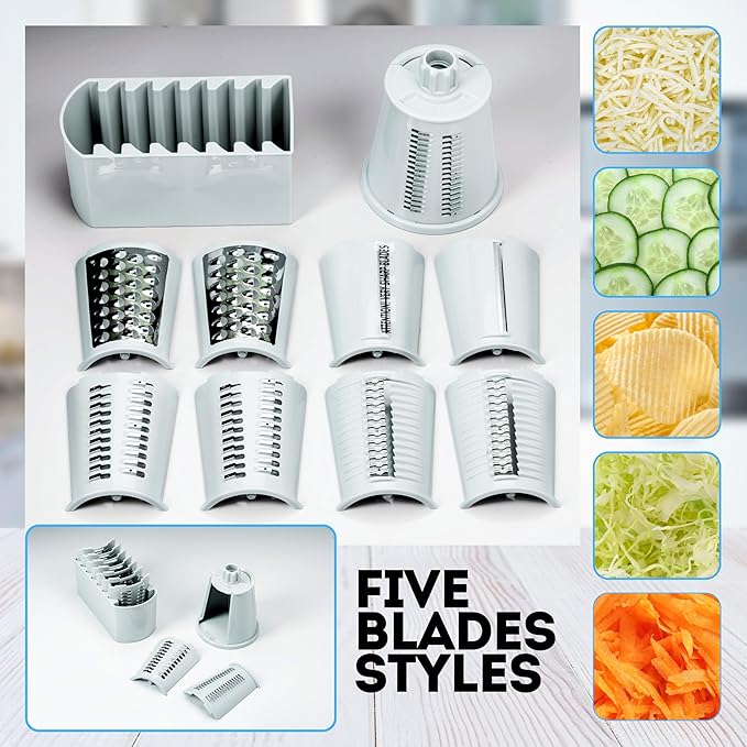 5 in 1 Rotary Cheese Grater with Handle – Stainless Steel Blades, Vegetable Slicer, Shredder, Carrot & Cabbage Grater, Nut Grinder, Easy to Clean Kitchen Gadget (Light Grey)