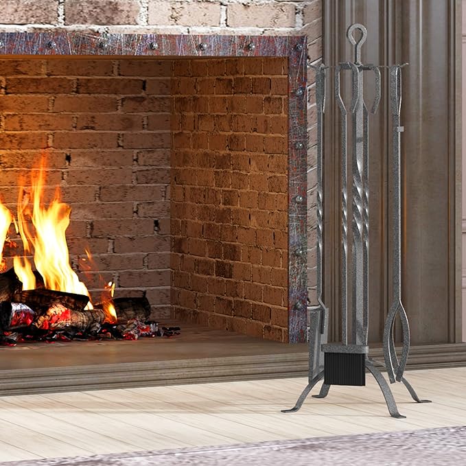 Fire Beauty 5 Pieces Fireplace Tools Sets Fireplace Accessories Tools Holder with Handles Tools for Indoor Fireplace Decor Outdoor Fire Pit Modern Tool(Pewter)