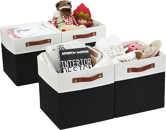 DECOMOMO Fabric Cube Storage Bins - Storage Baskets for Shelves, Cube Storage Organizer for Kallax and Cubbies (Black & White, 12 inch Cube) - 4 Pack