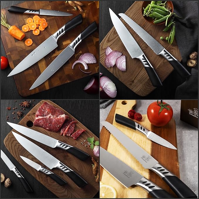 Knife Block Set, 7 Piece Cooking Knife Set, Premium Kitchen Knife Set with Knife Block and Sharpener, Hardwood Brown Knife Set，New Apartment Gift