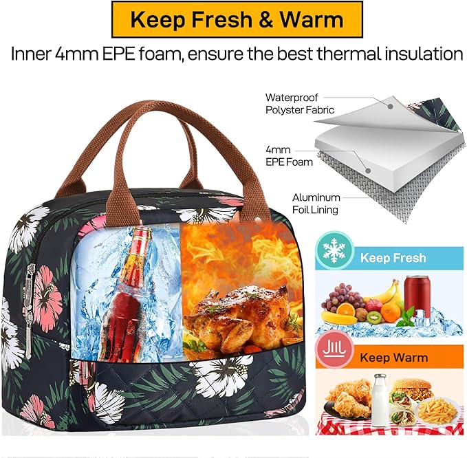HOMESPON Lunch Bag for Woman Man Adults with Front Pocket Insulated Lunch Tote Lunch Box Container for Work Picnic or Travel(Green Leaves)