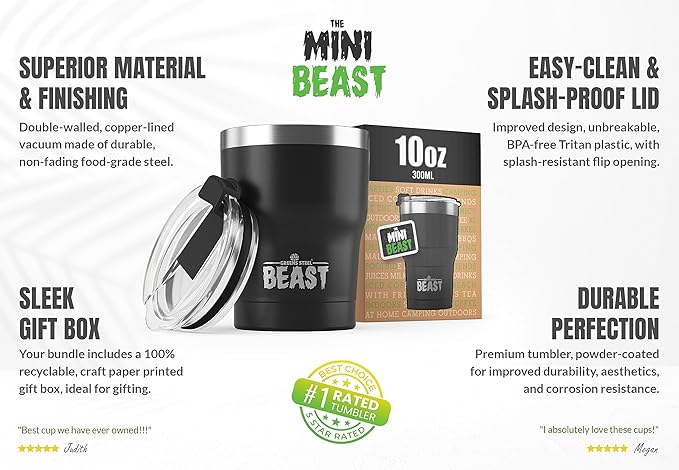 Beast 10 oz Tumbler Stainless Steel Vacuum Insulated Coffee Ice Cup Double Wall Travel Flask (Matte Black)