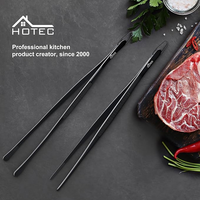 HOTEC Kitchen Tweezers Tongs Stainless Steel Professional Chef Tweezers, Set of 2-12inch Extra-Long Food Tongs for Cooking,Grill and Baking