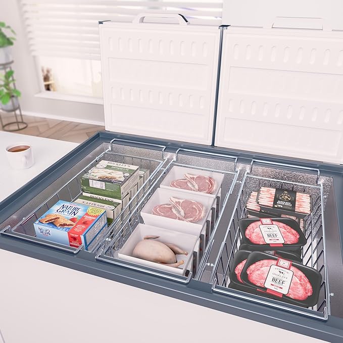 SANNO Chest Freezer Baskets, Stainless Steel Storage Organizer Bins with Sturdy Handles for Chest and Deep Freezers,Adjustable Arms width 17.5"~20.4", 2 pack