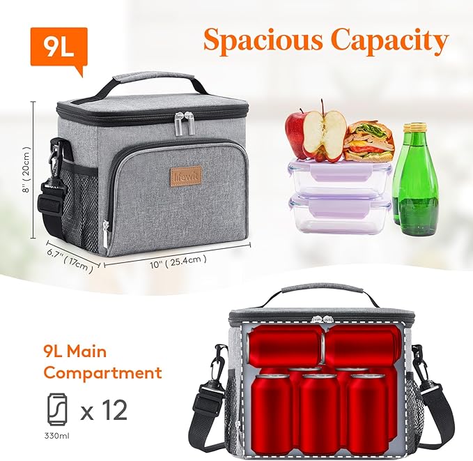 Lifewit Reusable Insulated Lunch Bag for Men, Lunch Box Women, Portable Cooler Freezable Soft Lunchbox Leakproof with Adjustable Shoulder Strap for Adult for Work Picnic or Travel, Grey 9L