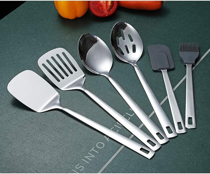 Cooking Spoon, Berglander 6 Pieces Spatula Set Stainless Steel, Metal Spatula, Serving Spoon, Kitchen Tools Set Non-Stick And Heat Resistant, Dishwasher Safe, Easy to Clean (6 Packs)
