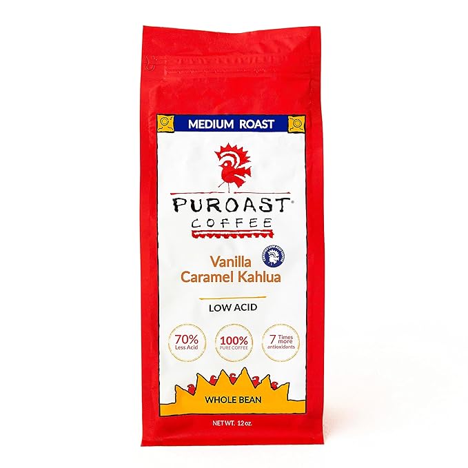 Puroast Low Acid Coffee Whole Bean | Vanilla Caramel Kahlua Whole Bean | Medium Roast | High Antioxidants & High pH |No Bitter Aftertaste | Reduced Heartburn & GERD | Suitable for Cold Brew - 12 oz