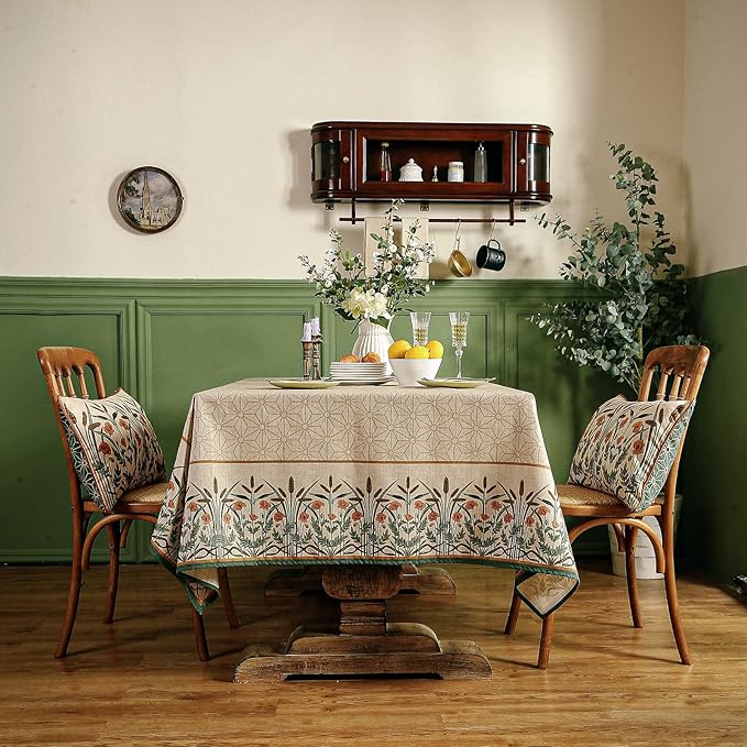patdrea Designer French Light Brown Rectangle Table Cloth,Linen Floral Durable Breathable Tablecloth,Decorative for Kitchen Dining,Parties,Tea Party,Christmas,Thanksgiving,55"x79"-Cudillero