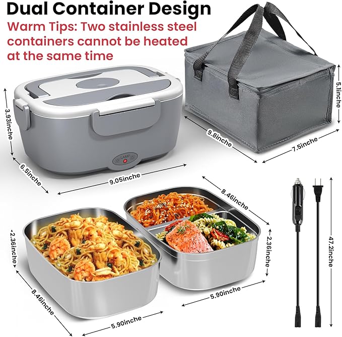 Heated Lunch Box for Men&Women - 80W Electric Lunch Box for Adults with Dual 1.5L 304 Stainless Steel Containers Fast Heating Portable Food Warmer for Car&Truck lonchera eléctrica portátil
