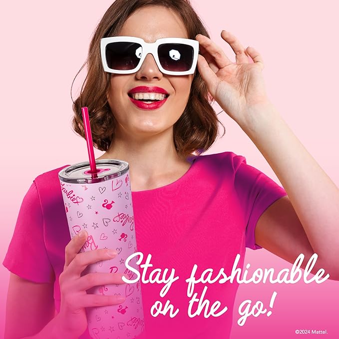 Dragon Glassware x Barbie Vacuum Insulated Tumbler with Lid and Straw - 24 oz Tumbler Cup with 2 Straws - Stainless Steel Tumbler with Straw for Water, Iced Tea - Travel Coffee Tumbler - Love Out Loud