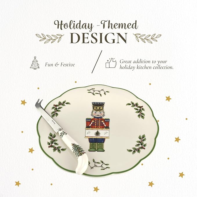 Spode Christmas Tree Nutcracker Cheese Platter with Knife - 9" Porcelain Holiday Serving Tray for Charcuterie - Dishwasher & Microwave Safe - Classic Christmas Tableware for Serving Festive Dishes