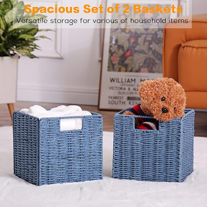 Vagusicc Wicker Storage Basket, Set of 2 Hand-Woven Storage Baskets for Shelves with Handles, Foldable Cube Storage Baskets Bins 11 Inch Large Wicker Baskets for Pantry Decor, Blue(11''x11''x11'')
