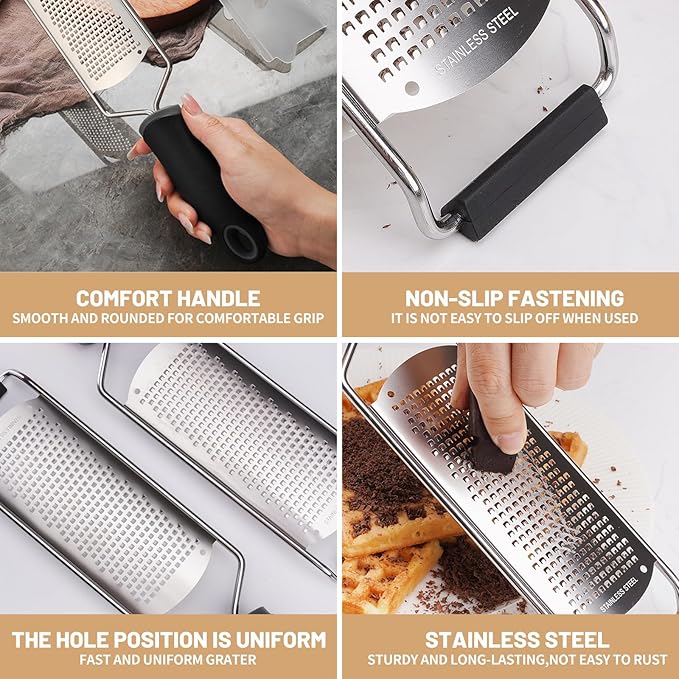 Cheese Grater Lemon Zester, Stainless Steel Grater Citrus Zester Tool for Parmesan Cheese Lemon, Ginger, Cheese, Nutmeg, Potato, Chocolate and Garlic, With Protective Cover-2 Pack