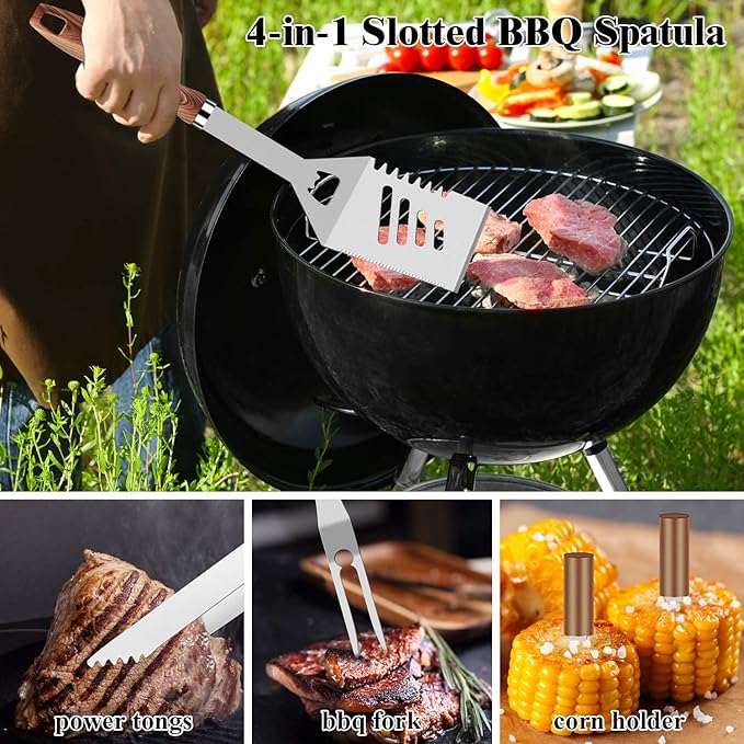 ROMANTICIST 27pcs Heavy Duty Grilling Gifts for Men Dad Christmas, Extra Thick BBQ Accessories Tools Set, Stainless Steel Grill Utensils Kit with Meat Claws, Carrying Bag for Outdoor Camping Brown