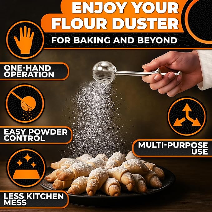 Flour Shaker Duster – 304 Stainless Steel Flour Duster for Bread Baking with Spring Handle – Cocoa, Cinnamon, Spices & Powdered Sugar Shaker Duster with One-Handed Operation | Dishwasher Safe
