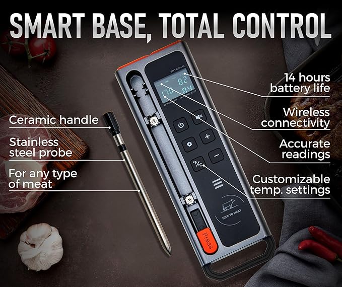 WiFi and Bluetooth Meat Thermometer Digital Wireless - Long Range Connection with Built-in Temperature Display, Meats Probe,Meat Thermometer for Grilling, Smoking, Cooking, BBQ Gift for Men