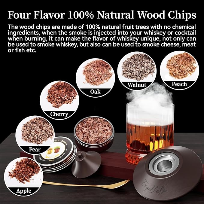 Cocktail Smoker Kit with Torch and Whiskey Glass, 6 Flavors Wood Chips and 3 Whisky Stones for Whiskey & Bourbon, Gift for Husband, Birthday Gift (No Butane)