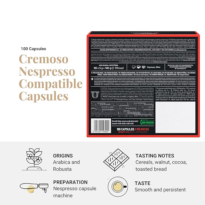Caffe' Vergnano 1882 Medium Roast Espresso Original Line Machine Compatible Capsules, Arabica Robusta Espresso Coffee, Italian Coffee For Nespresso Coffee Machines, Intensity 6/10, Cremoso, 100 Ct
