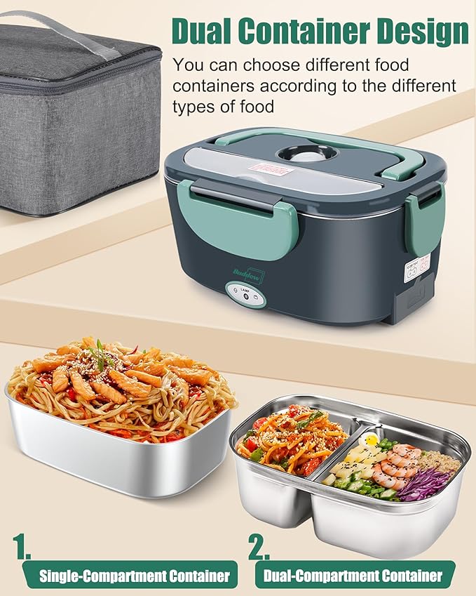 Buddew Electric Lunch Box for Adults, 80W Heated Lunch Box with Dual 1.5L Stainless Steel Portable Food Warmer,12/24/110V Lonchera Electrica Portatil for Travel&Work, Loncheras para Hombres de Trabajo
