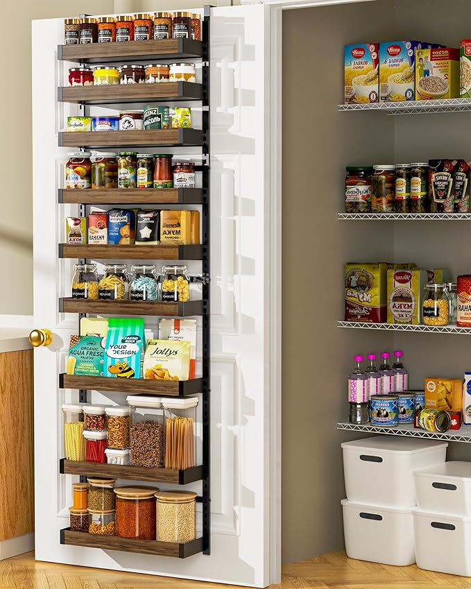 Moforoco Wood 9-Tier Over The Door Pantry Organizer, Wooden Pantry Organization and Storage, Black Hanging Basket Wall Spice Rack Seasoning Shelves, Home & Kitchen