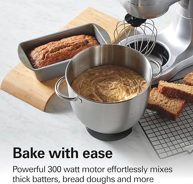 Hamilton Beach Electric Stand Mixer, 4 Quarts, Dough Hook, Flat Beater Attachments, Splash Guard, 7 Speeds with Whisk, Easy-Carry Top Handle, Silver