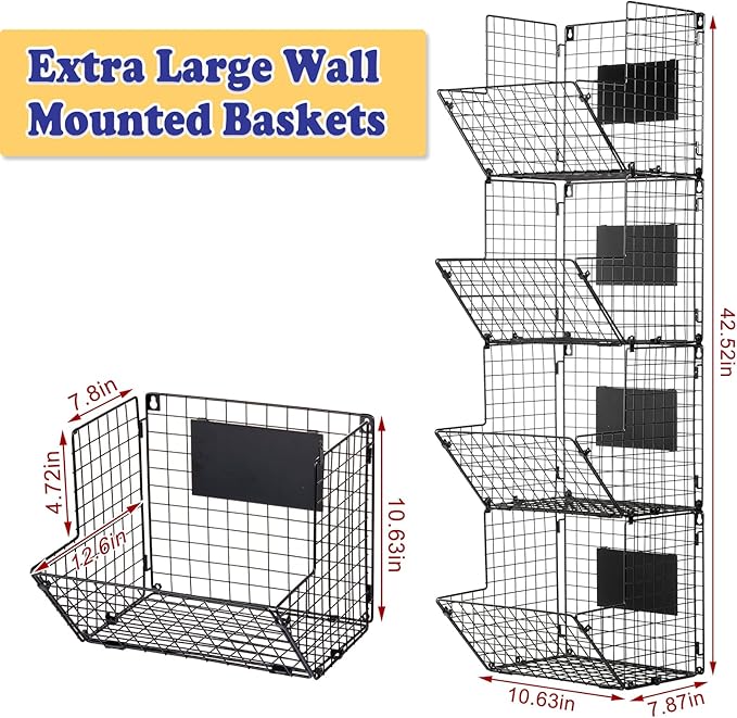 X-cosrack Metal Wire Basket Wall Mount, 4 Tier Extra Large Wall Storage Basket Organizer with Chalkboards, Kitchen Fruits and Vegetables Produce Bin Rack Toys Organizer Bathroom Tower Baskets (Black)