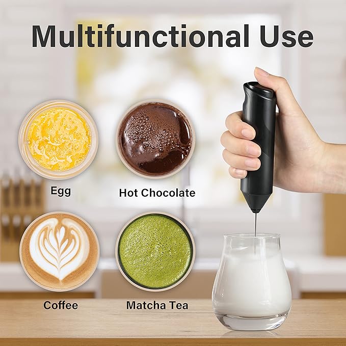 YSSOA Electric Milk Frother Handheld with Stainless Steel Stand Battery Operated Whisk Drink Mixer for Coffee, Frappe, Latte, Matcha, Black (Handheld, Black)