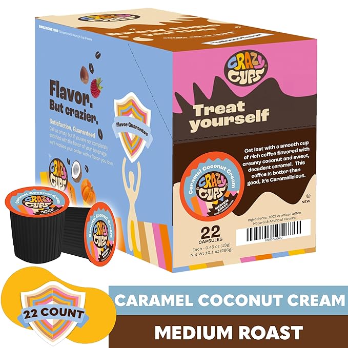 Crazy Cups Flavored Coffee for Keurig K-Cup Machines, Coconut Caramel Hot or Iced Coffee, 22 Single Serve, Recyclable Pods