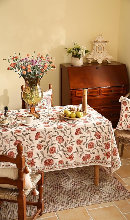 ISAENNE Designer French Extra Long Rectangular Tablecloth,Linen Orange Floral Pattern Indoor Table Cloth,Wrinkle Resistant Decor Table Cloth for Dining Thanksgiving Kitchen,67"*118"-Alvarado D