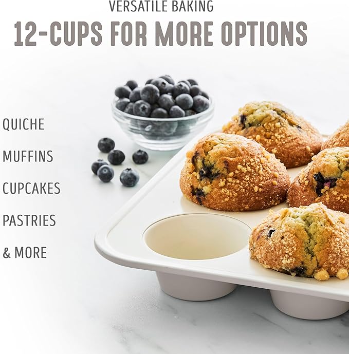 GreenLife 12-Cup Muffin Pan, PFAS-Free Healthy Nonstick Baking Tray, 11.4" x 1.9" x 15.9", Durable Ceramic Bakeware, Cupcakes, Egg Bites, Tarts, Brownies, Taupe