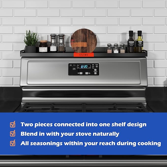 30" Magnetic Stove Top Shelf – Black Spice Rack with Red Logo and Seasoning Organizer – Kitchen Shelf for Back of Stove – Over Stove Rack and Storage Organizer