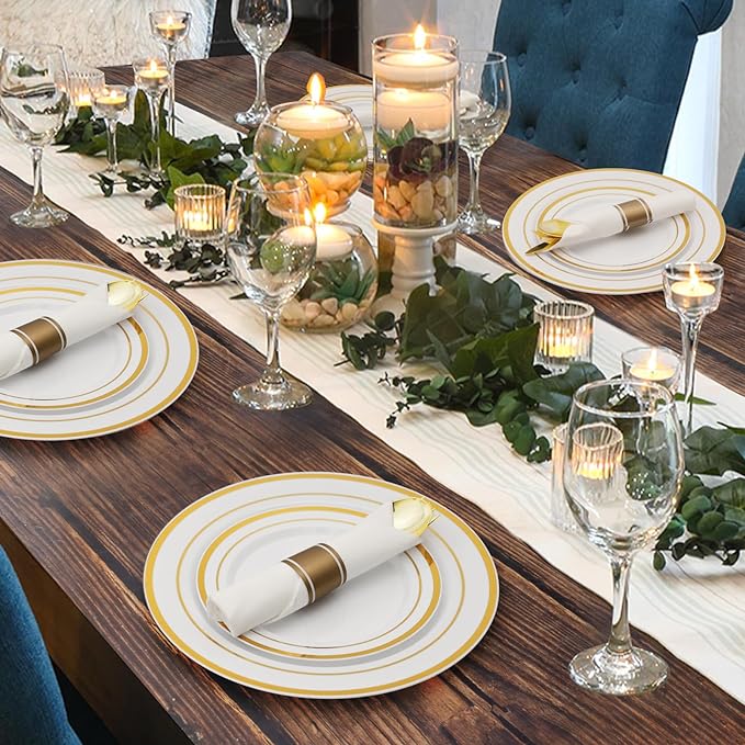 Goodluck 350 Piece Gold Plastic Dinnerware Set for 50 Guests, Fancy Disposable Plates for Party, Include: 50 Dinner Plates, 50 Dessert Plates, 50 Pre Rolled Napkins with Silverware, 50 Cups