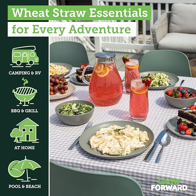 Grow Forward 16-piece Premium Wheat Straw Dinnerware Sets for 4 - Unbreakable Dishwasher & Microwave Safe Plastic Plates and Bowls Sets - Patio, Outdoors, RV, Camping Dishes - Feather