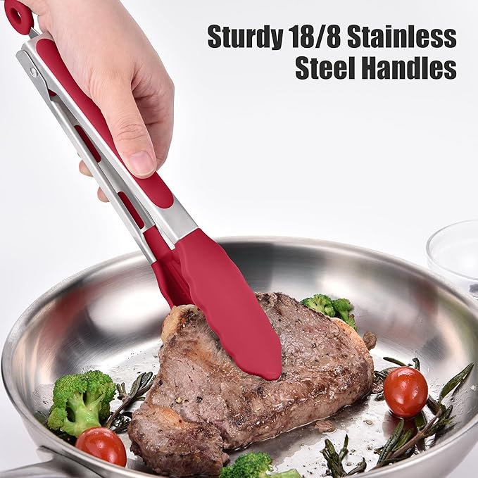 Doosu Kitchen Tongs for Cooking - 600°F Heat Resistant Food Tong with Non-Scratch Silicone Tips, Heavy Duty Stainless Steel Locking Tong for BBQ, Grilling Steak, Serving Salad, Pasta (9in, Red)