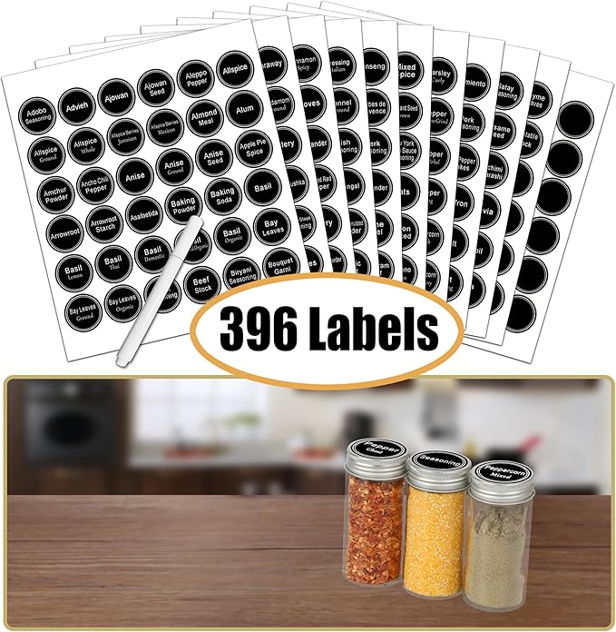 Spice Rack Organizer with 24 Empty Round Spice Jars, 396 Spice Labels with Chalk Marker and Funnel Complete Set, SWOMMOLY Spice Rack for Cabinet, Countertop or Wall Mount, Silver