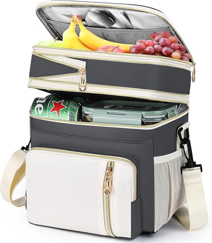 Lunch Box & Lunch Bag for Women Men, Large Insulated Adult Lunch Box Leakproof Lunchbox Cooler Bag for Work Picnic Beach,16L, Grey & White