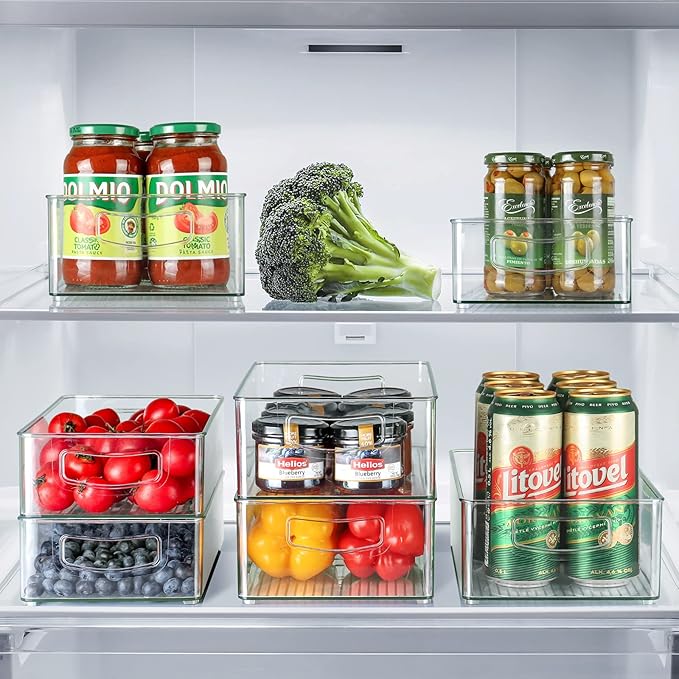 Hudgan Set Of 8 Fridge Organizer Bins, Stackable Plastic Organizer Bins for Fridge Pantry, 4 Large and 4 Small Refrigerator Organizers and Storage - Food Safe, BPA Free