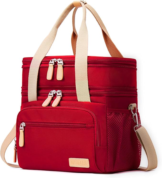 Weitars Lunch Bag for Women, Loncheras Para Mujer Waterproof Reusable Large Dual Compartment Lunch Box Wide-Open Cooler Tote Bag For Nurse Office Working Picnic Hiking (15L) (Red)