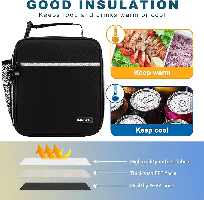 Lunch Bag, Durable Insulated Lunch Box Reusable Adults Tote Bag Lunch Bag Durable Reusable for Adults (Black-White)