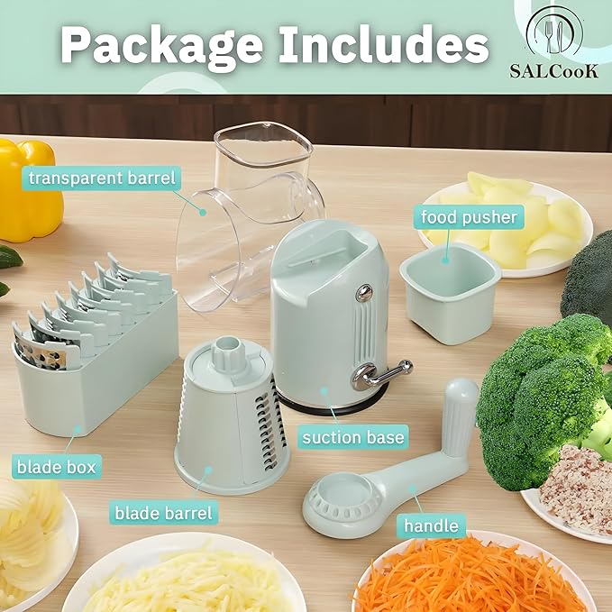 5-in-1 Manual Rotary Cheese Grater with Handle – Stainless Steel Blades for Slicing, Shredding, Grinding & Wavy Cuts – Strong Suction Base, Blade Storage Box – Green