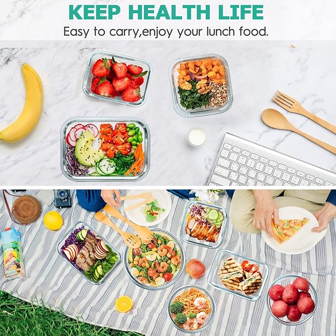 34pcs Glass Food Storage Containers with Lids Set, Airtight Glass Meal Prep Containers (17 Containers & 17 Lids), Leak Proof Lunch Container BPA-Free, Microwave, Oven, Freezer, Dishwasher Safe-Grey