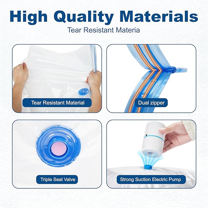 HOUSE DAY 22 Pack Vacuum Seal Bags For Clothing Travel, Vacuum Bags With Electric Pump, Vacuum Sealer Bag for Clothes, Comforters, Blankets, Pillows, Moving (4XL/4L/4M/4S/2S Roll/2XS Roll/2XXS Roll)