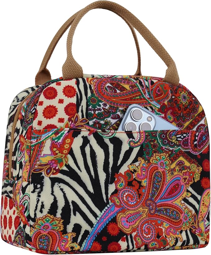 EurCross Aesthetic Lunch Box Bag for Women Daily Use,Boho Stylish Elegant Canvas Insulated Adult Lunch Bento Box Tote Bag