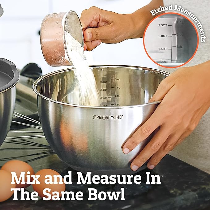Priority Chef Premium Mixing Bowls With Airtight Lids Set, Thicker Stainless Steel Mixing Bowl Set, Large Prep Metal Bowls with Lids, Nesting Bowls for Kitchen, 1.5/2/3/4/5 Qrt, Grey