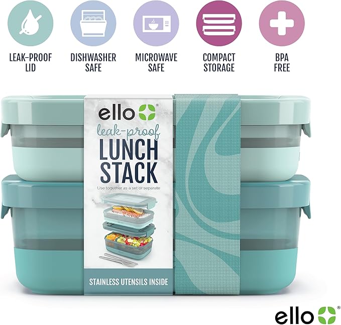 Ello 2-Pack Lunch Stack Plastic Food Storage Container Bento Box with Airtight, Leak-Proof Locking Plastic Lids and Silicone Base, BPA-Free, Freezer, Microwave, and Dishwasher Safe