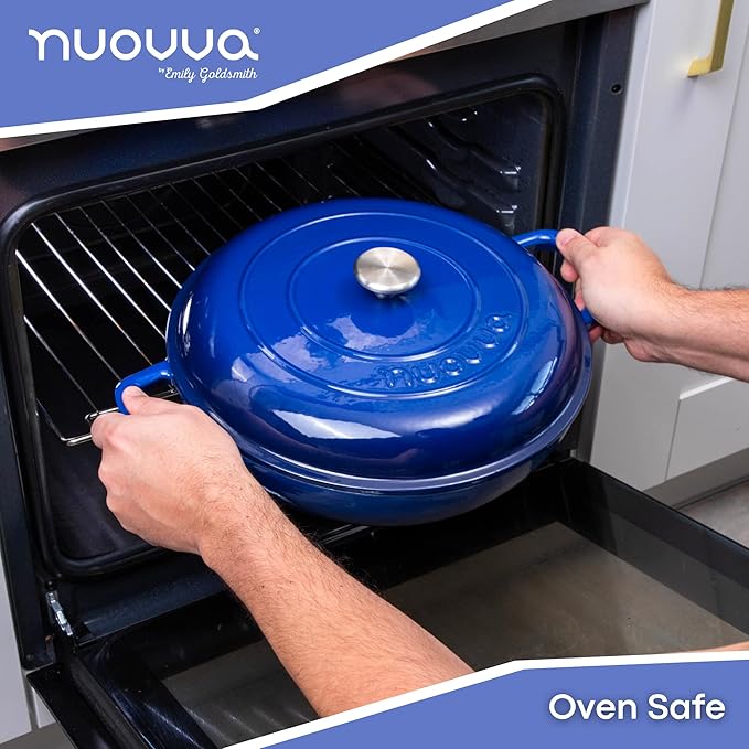 Shallow Cast Iron Casserole with Lid – Non Stick Dutch Oven Pot, Oven Safe up to 500° F – Sturdy Ovenproof Stockpot Cookware – Enamelled Cooking Pot – Dark Blue, 5-Quart, 32cm – by Nuovva