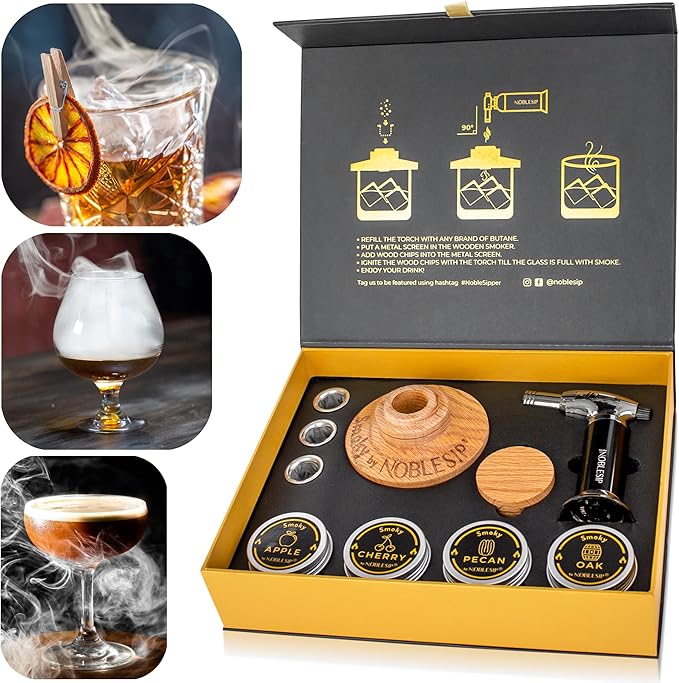 NobleSip Whiskey Bourbon Smoker Kit 𝗣𝗥𝗘𝗠𝗜𝗨𝗠 Smoky bar Set. Natural American Solid Oak Smoker. A Great Home bar Gift, Easily Make The Legendary Smoked Cocktails and Old fashioneds at Home.