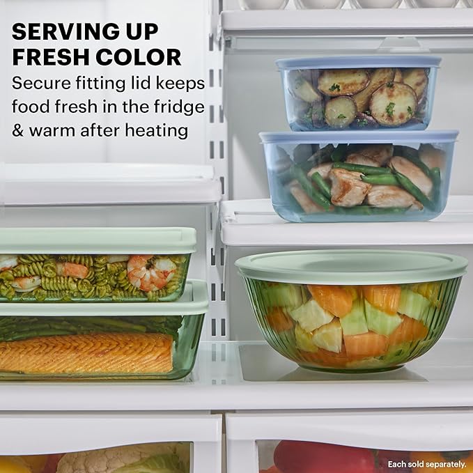 Pyrex Colors Tinted (3-Pack, Full Set) Sculpted Tinted Glass Mixing Bowls With Lids, Nesting Space Saving Set of Bowls For Prepping and Baking, 1.3QT, 2.3QT & 4.5Q