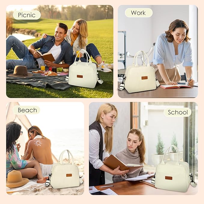 LOKASS Lunch Bag for Women-Insulated Adults Lunch Box with Front Pocket- Small Cute Lunch Tote for Work-Reusable Cooler Bag for Office Picnic Beach or Travel（Beige）