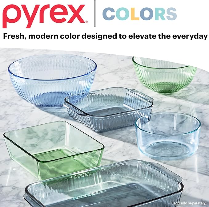 Pyrex Colors Tinted 4-PC, Small/Medium Glass Mixing Bowls With Lids, Nesting Space Saving Set of Bowls For Prepping and Baking, 1.3QT & 2.3QT